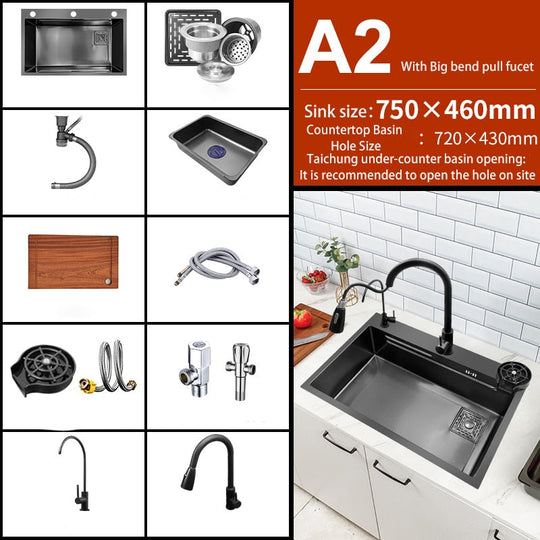 Black Nano Kitchen Sink 304 Stainless Steel Waterfall Basin Large Single Bowl With Multifunction