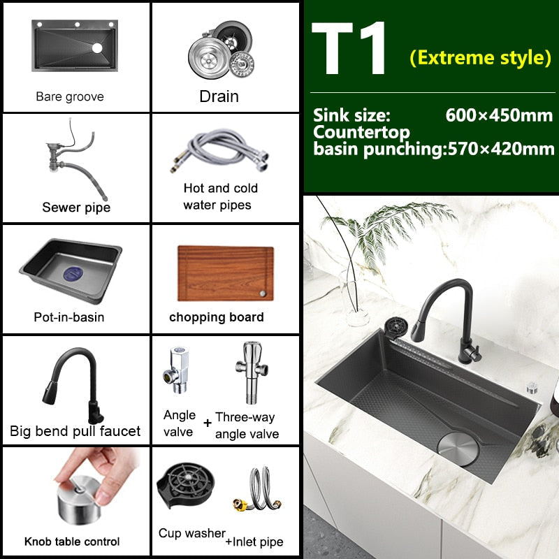 Stainless Steel Embossed Kitchen Sink Large Single Slot Washbasin Multifunctional Washing Basin