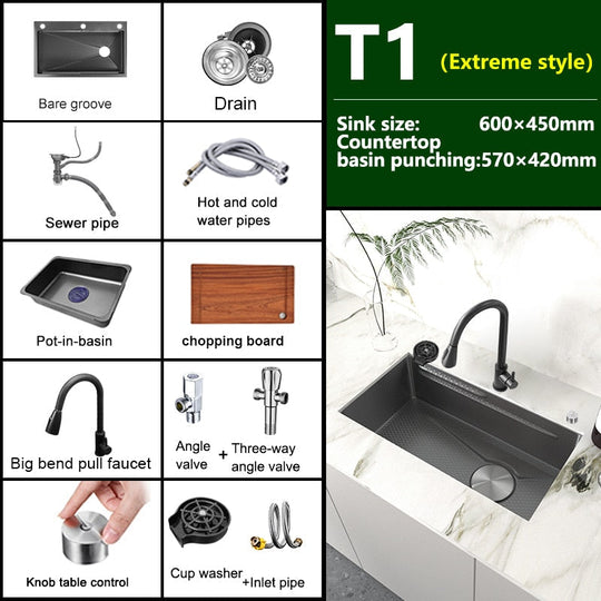 Stainless Steel Embossed Kitchen Sink Large Single Slot Washbasin Multifunctional Washing Basin