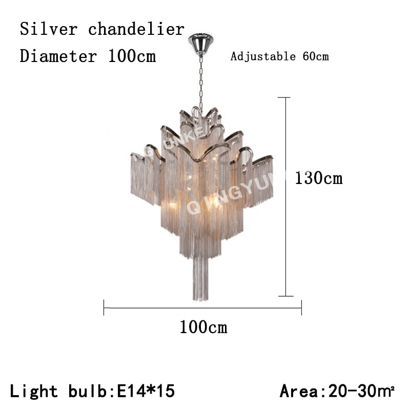 Aluminium Chain Chandelier Fringed Pendant Lamp Luxury Stair Silver Gold Ceiling Light For Home