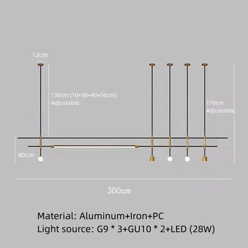 Sleek Height - Adjustable Dining Room Chandelier - Minimalist Gold And Black Metal Design 300Cm -