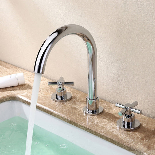 Two Handle Bathroom Faucet 3 Hole 8 Inch Basin Faucets Lavatory Sink With Hose Chrome High Arc