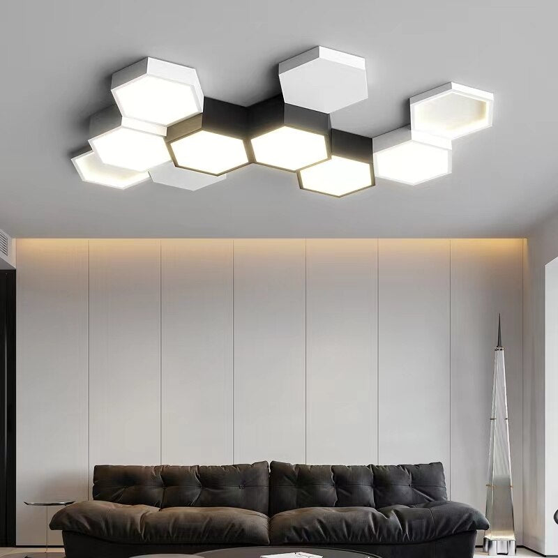 Modern Black White Pendant Lamp Geometric Polygon Led Chandelier Dining Table Living Room Bar