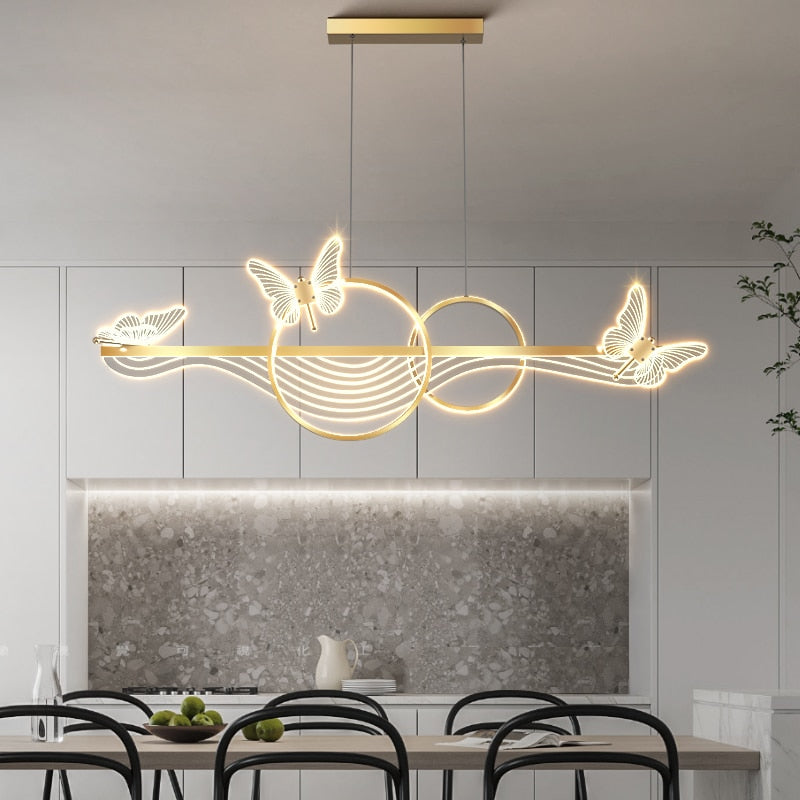 Nordic Light Luxury Dining Room Led Chandelier Modern Rectangular Black/Gold Kitchen Pendant Lamps