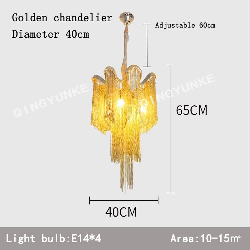 Aluminium Chain Chandelier Fringed Pendant Lamp Luxury Stair Silver Gold Ceiling Light For Home
