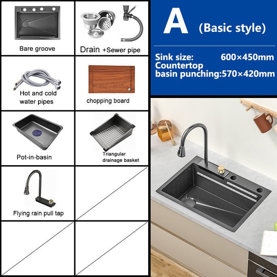 Waterfall Sink Kitchen 304 Stainless Steel Large Single Slot Modern Multifuctional Workstation With