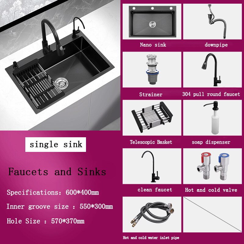 Black Stainless Steel Single Bowl Kitchen Sink Undermount Dishwasher 60X40 2 Sink
