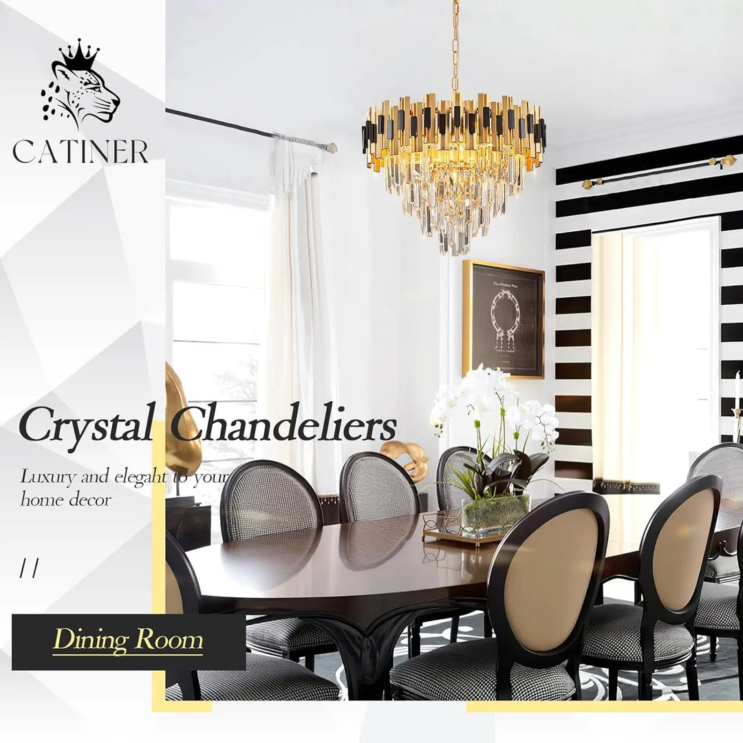 Crystal Chandeliers Black And Gold Large 20” Round Chandelier For Dining Room Luxury Ceiling