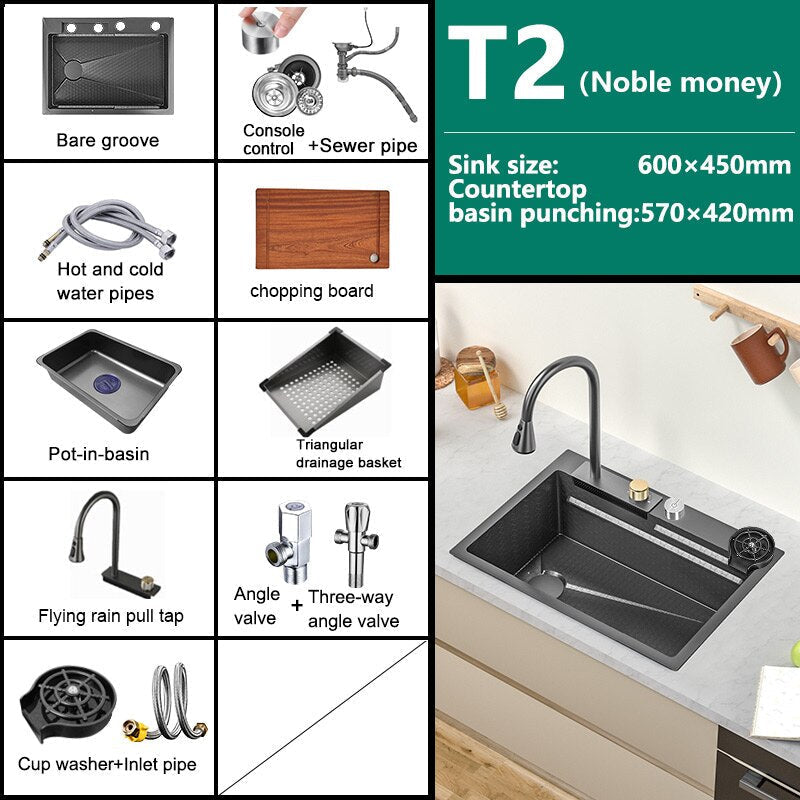 Waterfall Sink Kitchen 304 Stainless Steel Large Single Slot Modern Multifuctional Workstation With