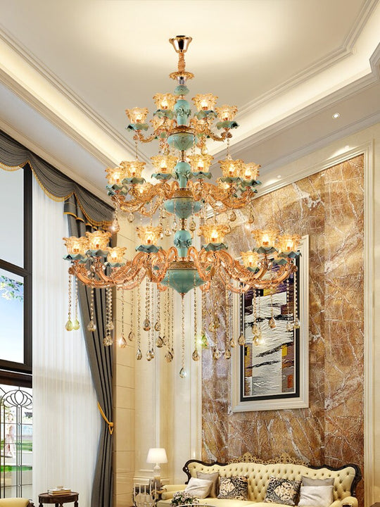 European - Style Duplex Building Chandelier Crystal Lamp Living Room Hotel Ceramic Three - Story