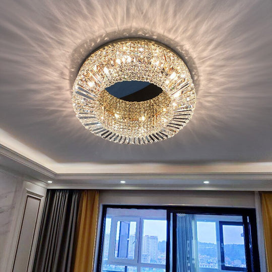 Modern Round Crystal Golden Ceiling Lamp - Stainless Steel Led E14 Luminaire For Dining Room