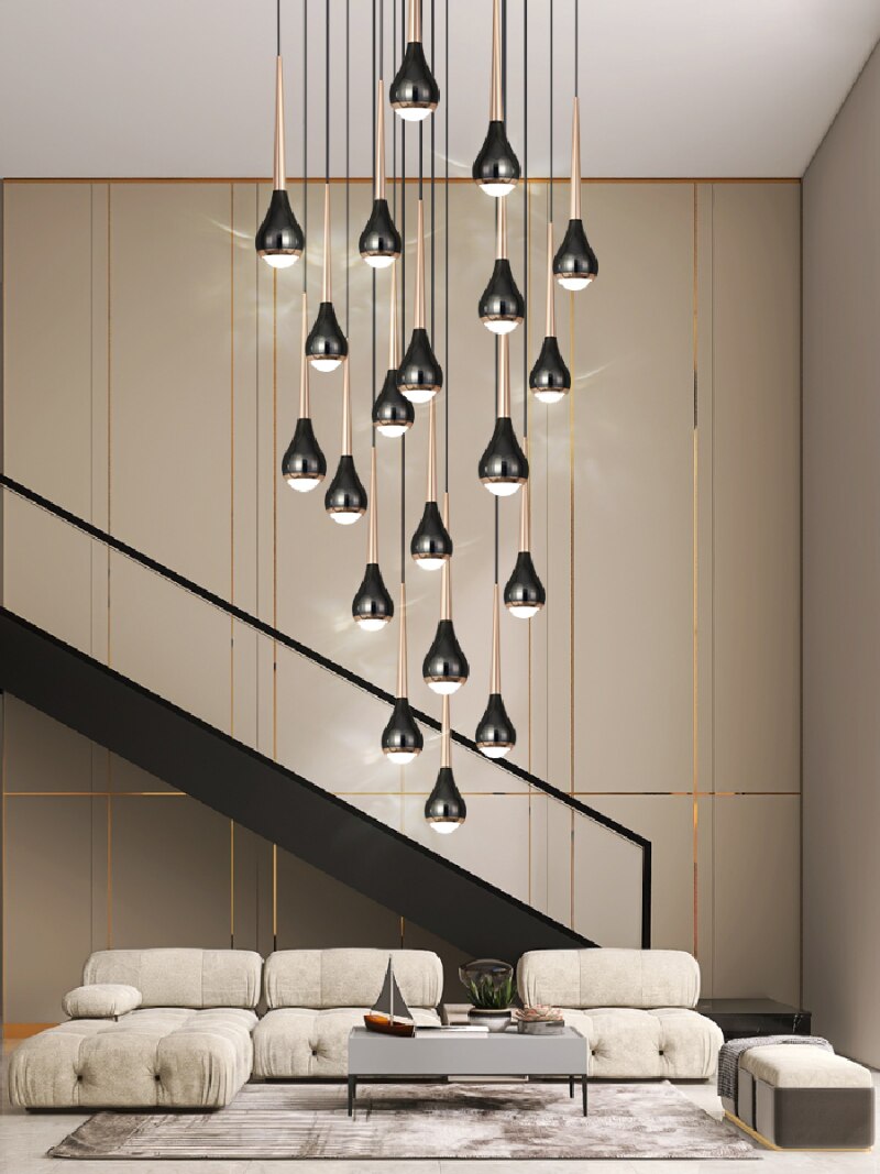 Black Staircase Led Pendant Ligh Modern Living Room Loft Hanging Lamp Villa Hotel Apartment Long