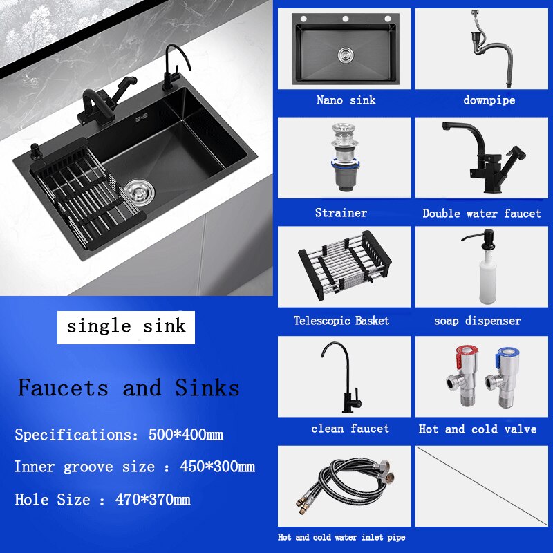 Black Stainless Steel Single Bowl Kitchen Sink Undermount Dishwasher 50X40 2 Sink