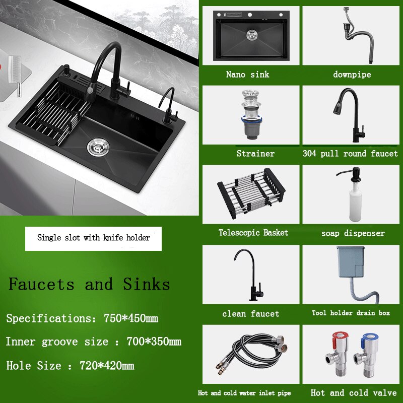 Black Stainless Steel Single Bowl Kitchen Sink Undermount Dishwasher 72X45 Sink