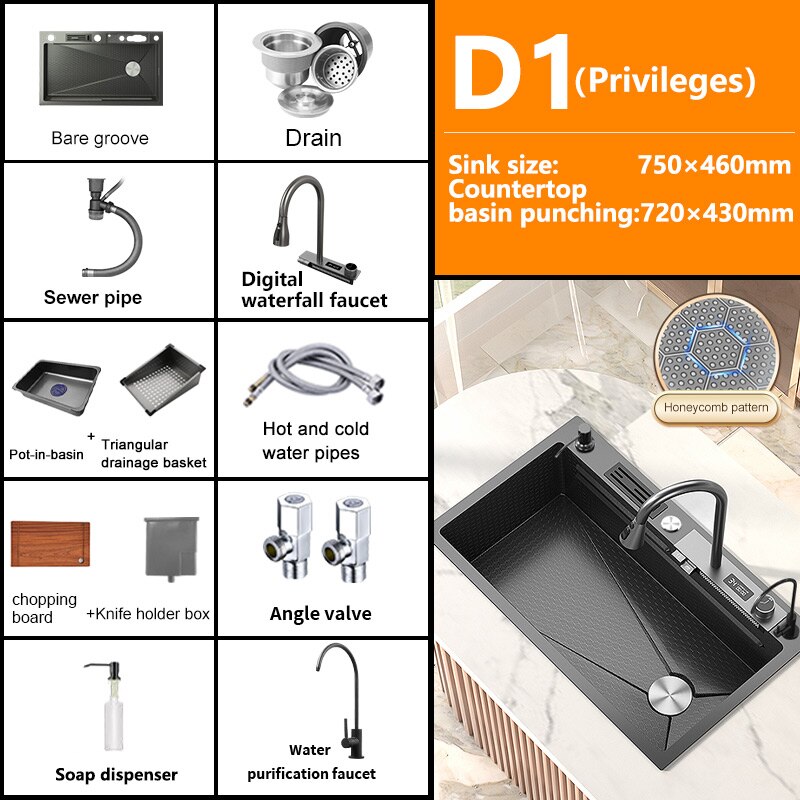 Stainless Steel Kitchen Sink Digital Display Embossed Waterfall Sink Large Single Slot