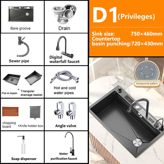 Stainless Steel Kitchen Sink Digital Display Embossed Waterfall Sink Large Single Slot