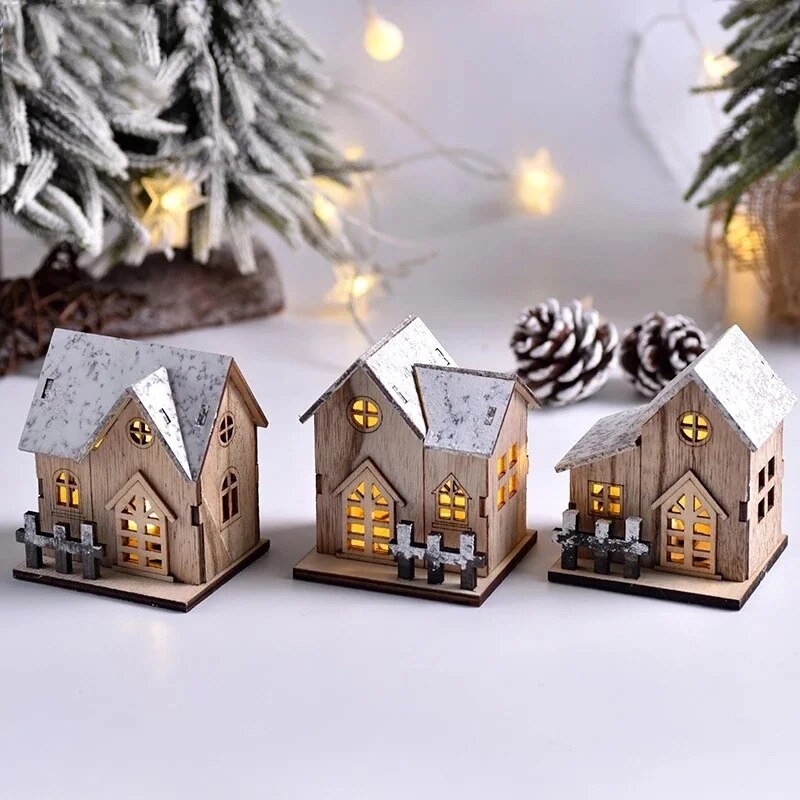 Christmas Led Light Wooden House Luminous Cabin Merry Decorations For Home Diy Xmas Tree Ornaments