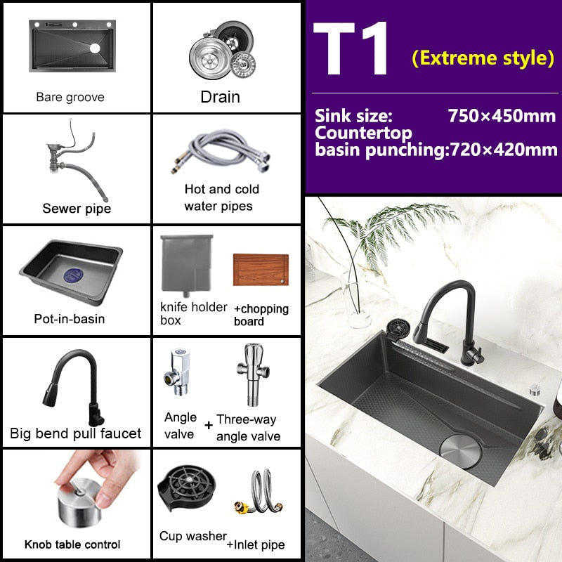 Stainless Steel Embossed Kitchen Sink Large Single Slot Washbasin Multifunctional Washing Basin