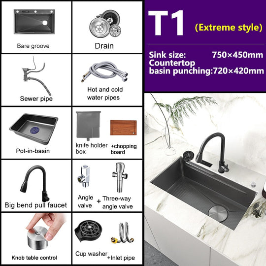 Stainless Steel Embossed Kitchen Sink Large Single Slot Washbasin Multifunctional Washing Basin
