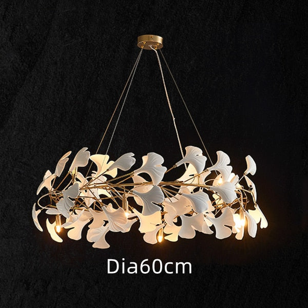 Modern Ceramic Petal Chandelier Nordic Design Ginkgo Branch Leaves Copper Led Lighting Living Room