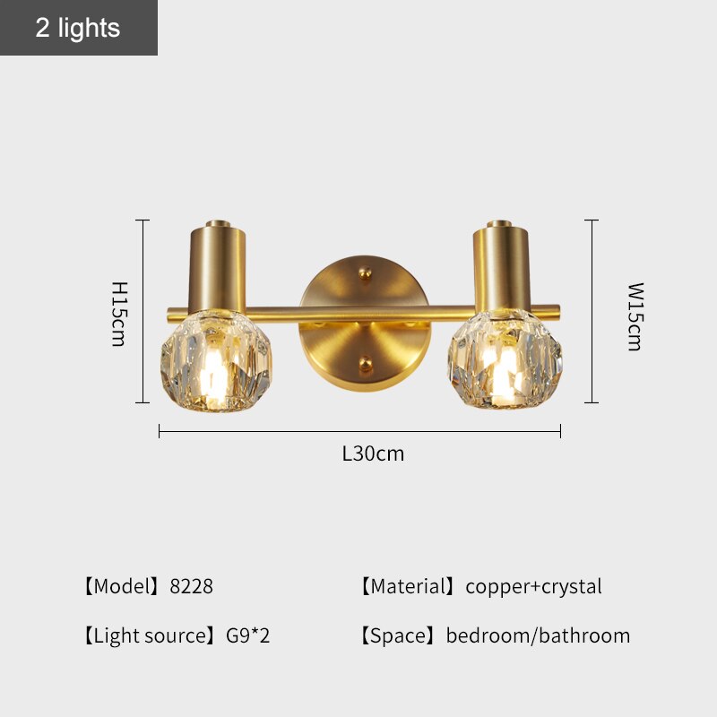 Modern Copper Crystal Mirror Light Luxury Gold Simple Bathroom Toilet Washstand Vanity Lamp Bedroom