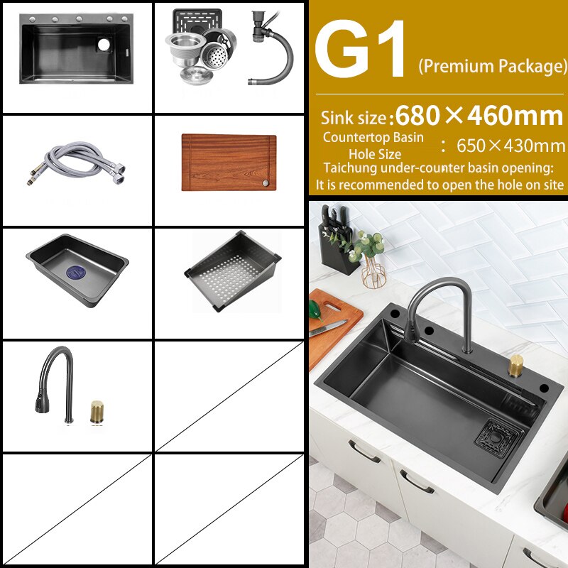 Black Nano Kitchen Sink 304 Stainless Steel Waterfall Basin Large Single Bowl With Multifunction