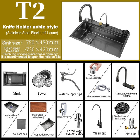 304 Stainless Steel Kitchen Waterfall Sink Digital Display Large Single Dish Basin With