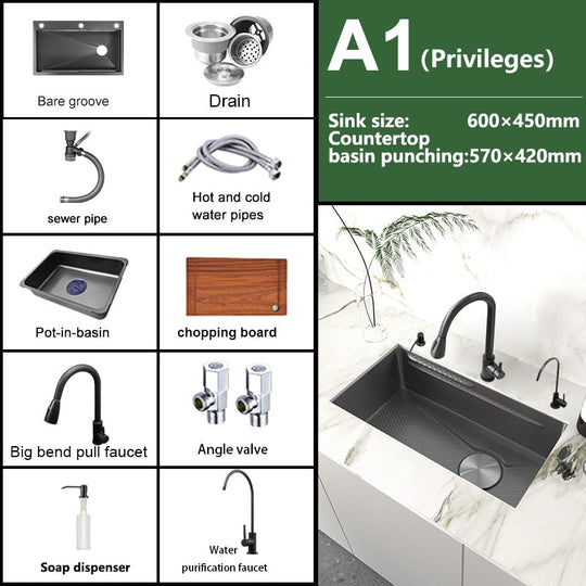 Stainless Steel Embossed Kitchen Sink Large Single Slot Washbasin Multifunctional Washing Basin