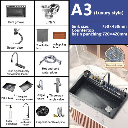 Stainless Steel Waterfall Kitchen Sink Digital Display Embossed Large Single - Slot Multifunctional