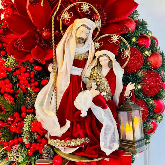 Christmas Nativity Holy Family Wreath With Artificial Berries Greenery Bow Jesus Christ Hanging