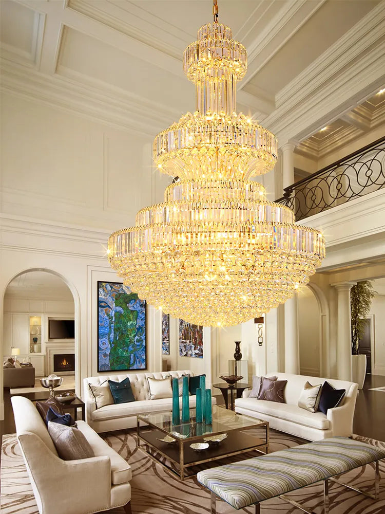 French Style Crystal Glass Pendant Lights Living Room Round Gold High Ceiling Hanging Lamp Home Led