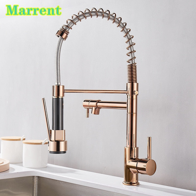 Pull Down Spring Kitchen Faucets Rose Gold Hot Cold Sink Mixer Tap Deck Mounted Brass Black Faucet