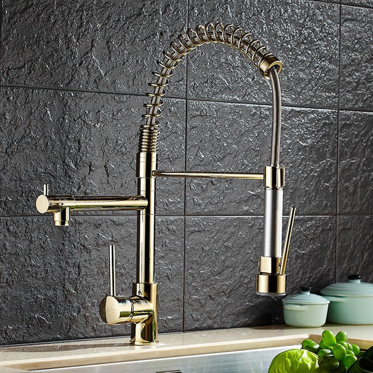 Pull Down Spring Kitchen Faucets Rose Gold Hot Cold Sink Mixer Tap Deck Mounted Brass Black Faucet