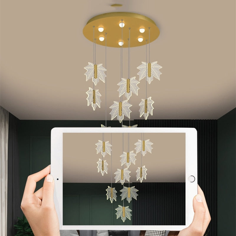 Acrylic Maple Leaf Pendant Lamp Stairs Chandelier For Bedroom Headboard Living Room Suspendu Lustre