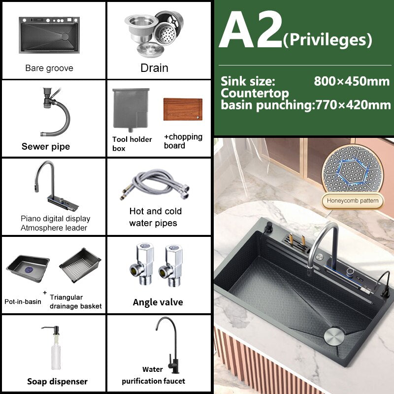 Stainless Steel Waterfall Kitchen Sink Digital Display Embossed Large Single - Slot Multifunctional