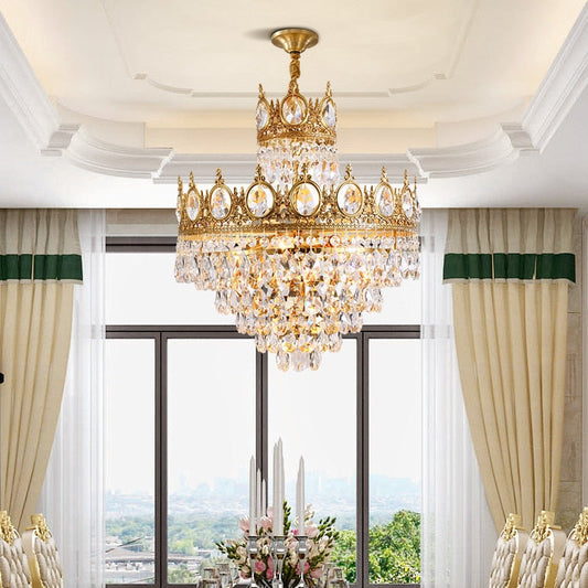 Baroque Royal Crown Crystal Pendant Lamp - Elegant Gold Hanging Light For Living And Dining Rooms