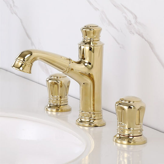Pull Out Bathroom Sink Faucets Basin Faucet Mixer Gold Brass 3 Holes Double Handle Bathbasin