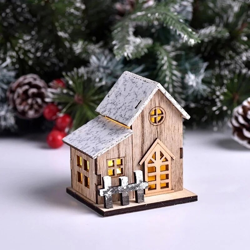 Christmas Led Light Wooden House Luminous Cabin Merry Decorations For Home Diy Xmas Tree Ornaments