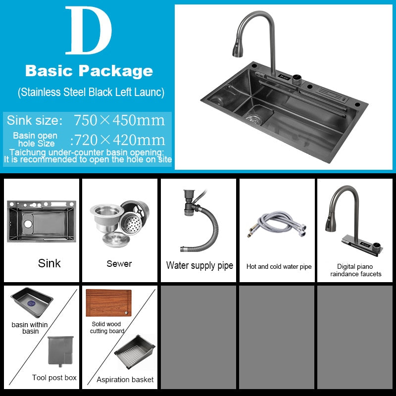 304 Stainless Steel Kitchen Waterfall Sink Digital Display Large Single Dish Basin With