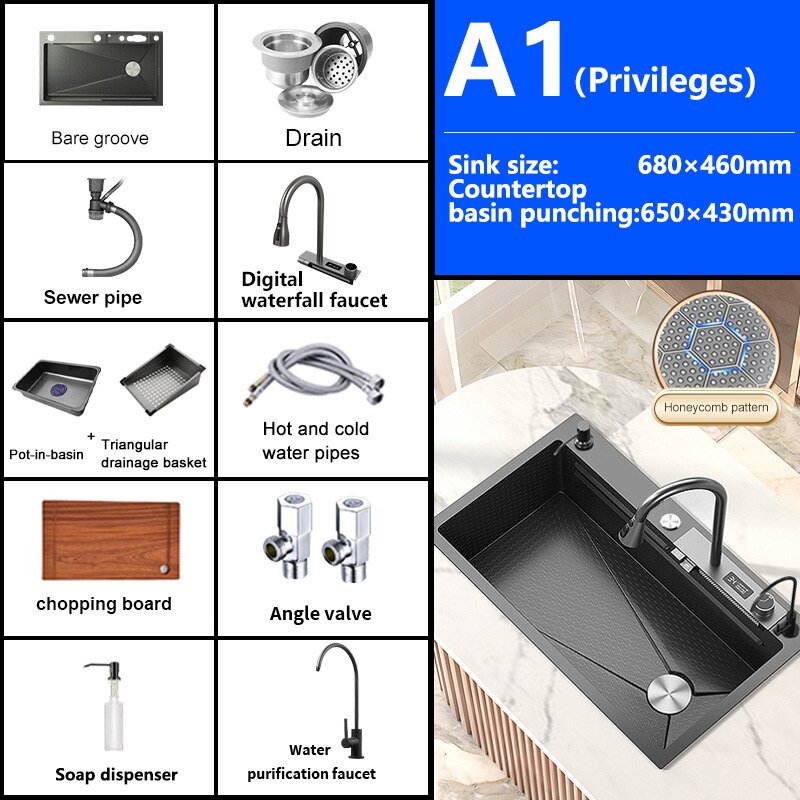 Digital Display Waterfall Sink Embossed Stainless Steel Kitchen Large Single Bowl Black Washbasin