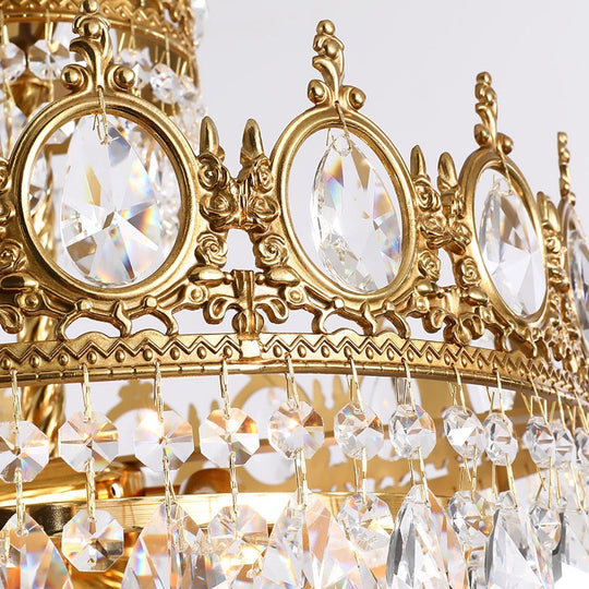 Baroque Royal Crown Crystal Pendant Lamp - Elegant Gold Hanging Light For Living And Dining Rooms