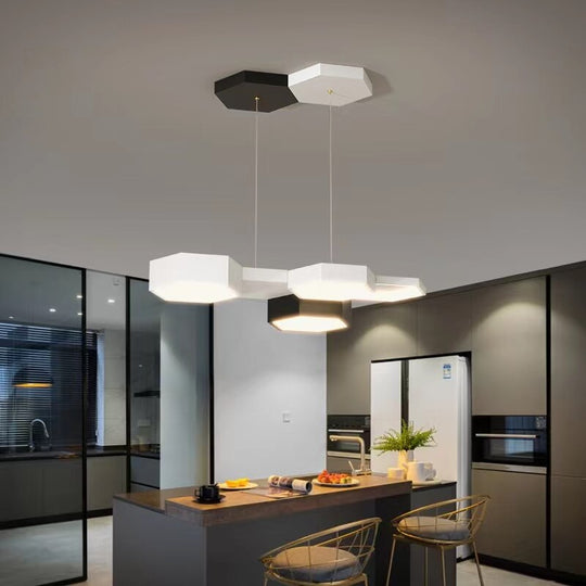 Modern Black White Pendant Lamp Geometric Polygon Led Chandelier Dining Table Living Room Bar