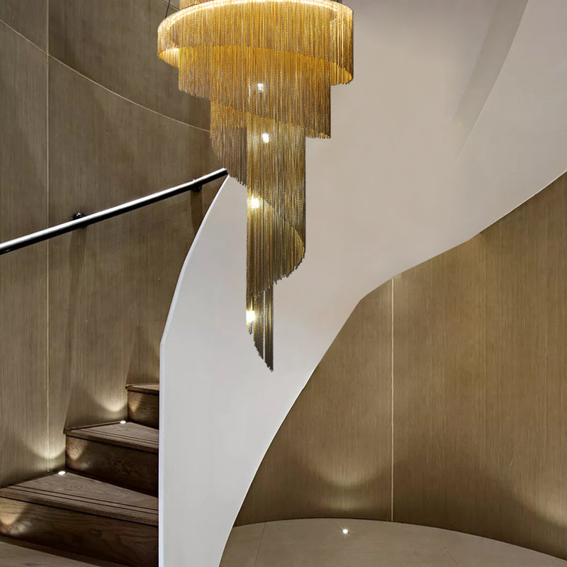 Nordic Duplex Building Staircase Lamp Long Chandelier Hollow Aluminum Chain Tassel For Villa Luxury