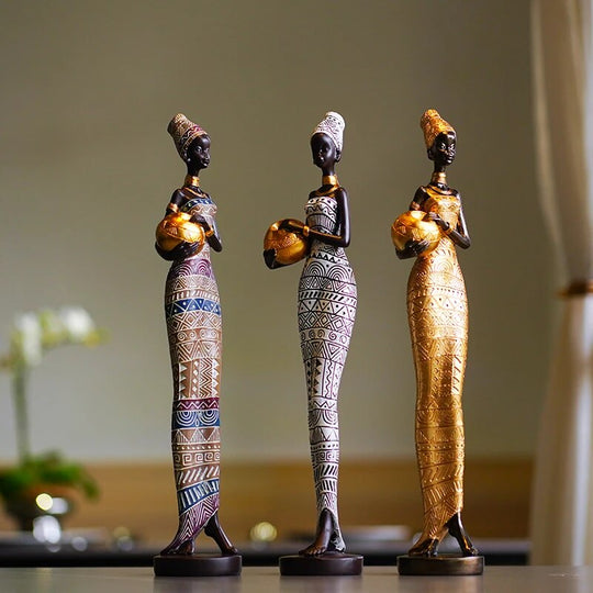 Resin Painted Black Statue Decor Figurines Retro African Women Holding Pottery Pots Home Bedroom