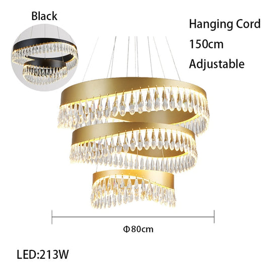 Artistic Curve Modern Suspension Chandeliers Black Luxury Crystal Hanging Lamps For Ceiling