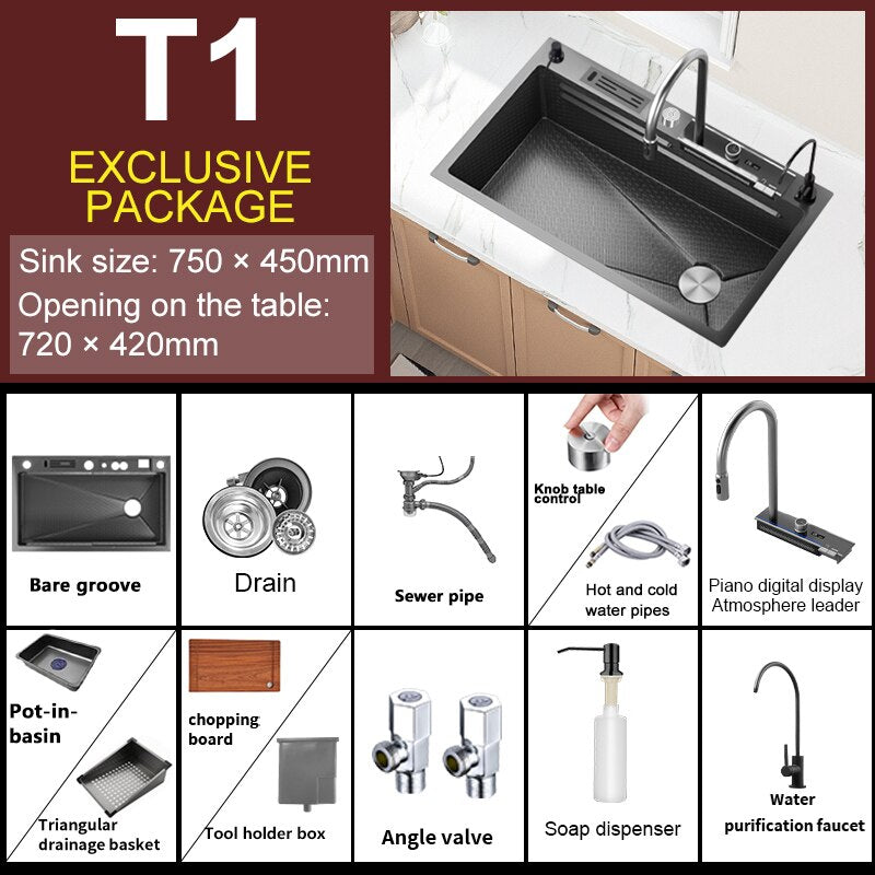 Digital Display Waterfall Sink Embossed Stainless Steel Kitchen Large Single Bowl Black Washbasin