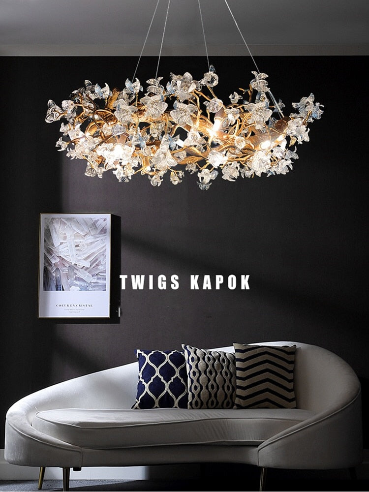 Modern Led Branches Ceiling Chandeliers Glass Crystal Pendant Lamp Handmade Kapok Flower Hanging