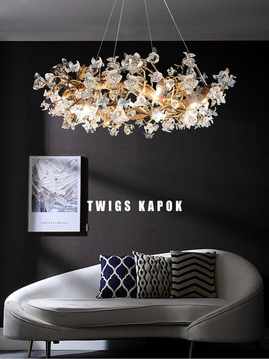 Modern Led Branches Ceiling Chandeliers Glass Crystal Pendant Lamp Handmade Kapok Flower Hanging