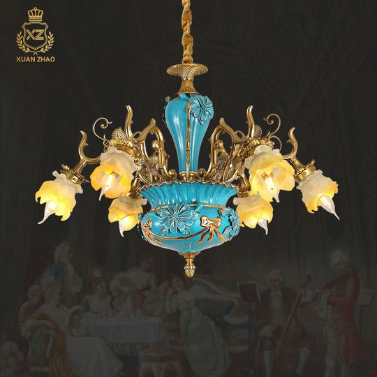 French Ceramic Chandelier European - Style Villa Restaurant Full Copper Lamp Retro Living Room