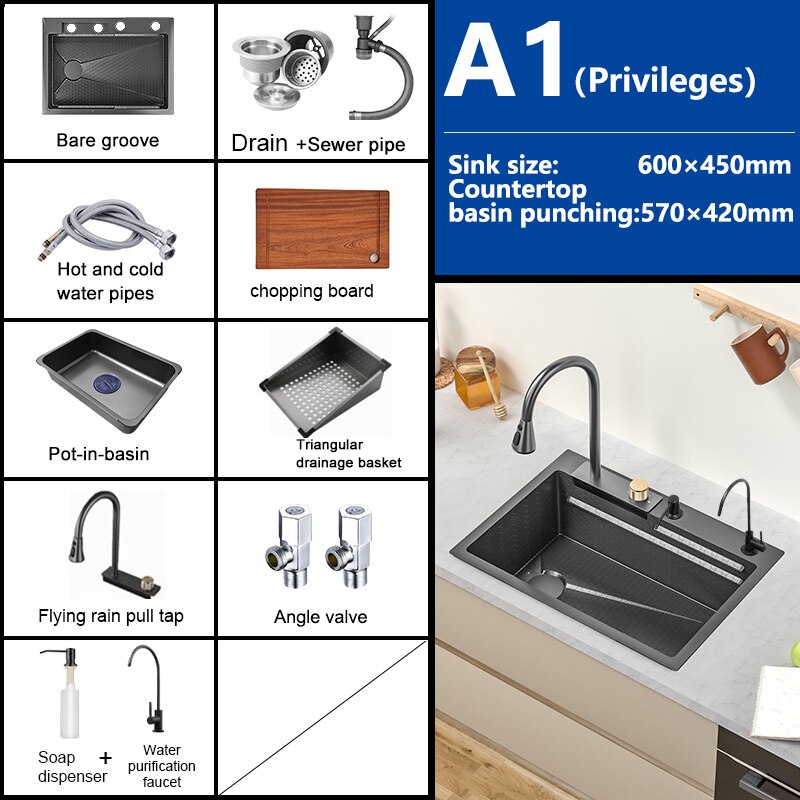 Waterfall Sink Kitchen 304 Stainless Steel Large Single Slot Modern Multifuctional Workstation With
